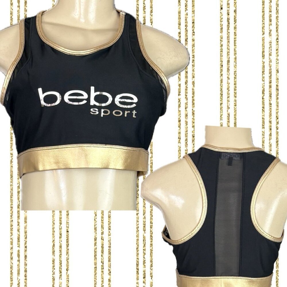 Bebe Sport L Black Faux Leather Gold Trim Removable Pads Racerback Sports Bra